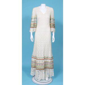 Vtg 70s GIORGIO DI SANT ANGELO Ivory Lace Angel Sleeve Rainbow Trim Dress sz S
